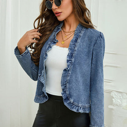 🌿 Women's Ruffle Trim Open-Front Denim Jacket