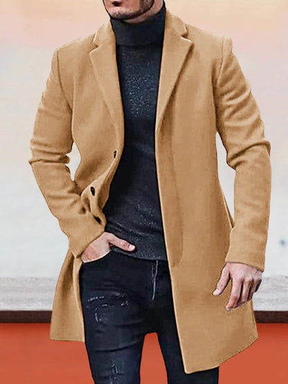 Men's Single Row Buckle Solid Color Trench Coat