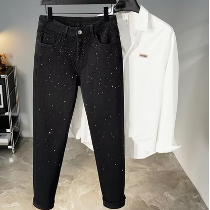 Rhinestone Embellished Slim-Fit Black Denim Stretch Jeans