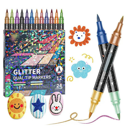 ✨ Dual-Tip Glitter Marker Set ✅ Brush & Fine Tip | 24 Vibrant Sparkle Colors 🎨 -50% TODAY ONLY 🔥