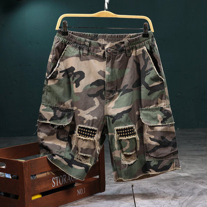 🩳 Men’s Studded Camo Cargo Shorts ✅ Distressed Style & Multi-Pocket Comfort | Rugged Streetwear Look 🔥