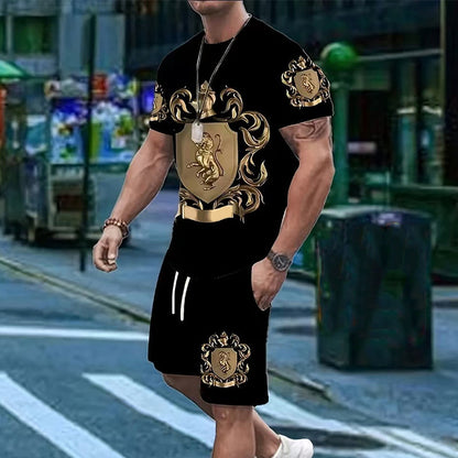 👑 LIMITED-TIME 50% OFF! ✨ Men's Gold Crest Print Set – T-Shirt & Shorts, Luxe Casual ✨