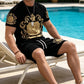 👑 LIMITED-TIME 50% OFF! ✨ Men's Gold Crest Print Set – T-Shirt & Shorts, Luxe Casual ✨