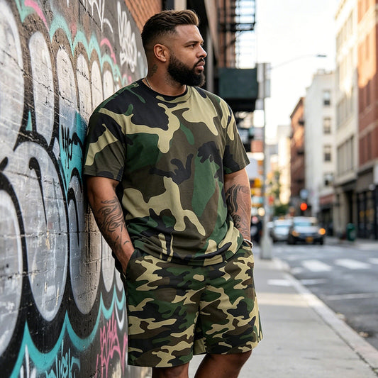 🎯 Men's Camo Print T-Shirt & Shorts Set – Coordinated, Relaxed, Breathable 🌿