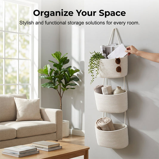 📢📢50% OFF !! ⏰Wall-Hanging Storage Organizer – 3-Tier Boho Style, Space-Saving Hanging Shelf🏡
