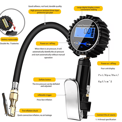 ✨50% OFF🔧 Digital Tyre Pressure Gauge & Inflator: ±1% Accuracy, 4 Units, Brass & Steel