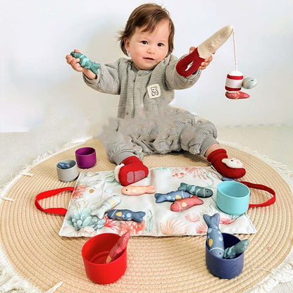 📢📢 50% OFF🎣Toddler Fishing & Stacking Toy Set – Soft Cloth Fish, 5 Stacking Cups & Early Learning Play