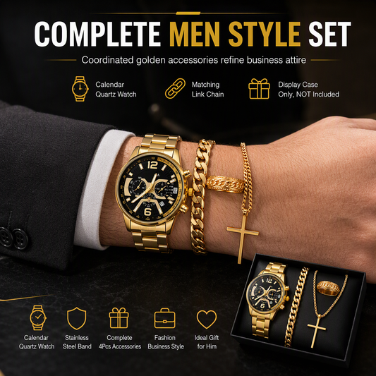 ✨ Men's Quartz Watch & Jewelry Set – Polished Metallic Style for Work & Special Occasions 🎁⭐