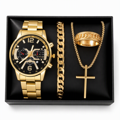 ✨ Men's Quartz Watch & Jewelry Set – Polished Metallic Style for Work & Special Occasions 🎁⭐