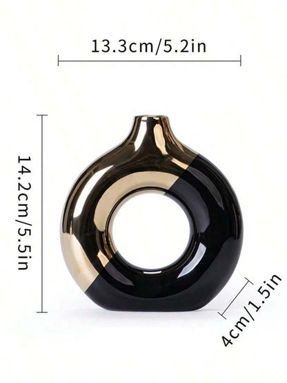 ✨ Sculptural Ceramic Donut Vase – Hollow Design & Metallic Accents for Elegant Tabletop Decor 🎁⭐