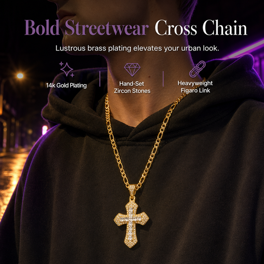 ✨Hip Hop Double Layer Baguette Rhinestone Cross Brass with Figaro Chain
