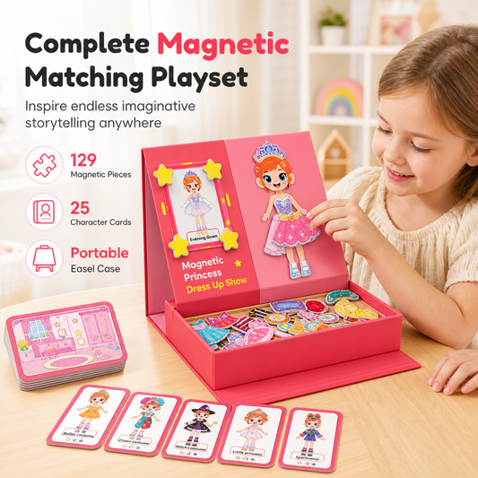 📢📢 50% OFF🎨129-Piece Magnetic Princess Dress-Up Set for Girls Ages 3–6 – 3-in-1 3D Outfit & Scene Matching Toy