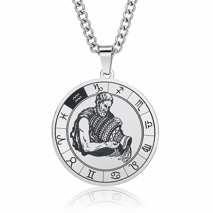 🌙 Zodiac Pendant Necklace – Polished Stainless Steel & Engraved Symbols for a Bold Personal Touch ✨🎁