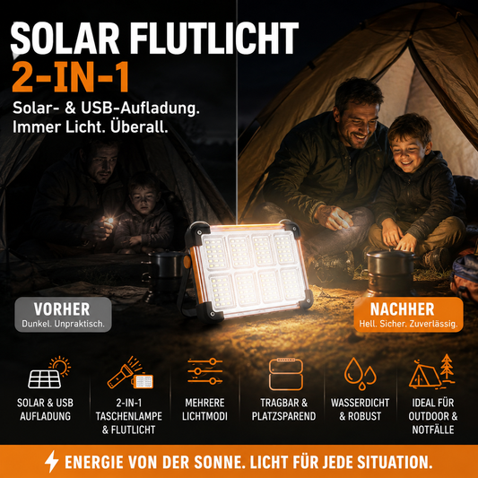 📢📢 50% OFF! Solar LED Camping Floodlight – 4 Brightness Levels & Backup Phone Charging ☀️🏕️