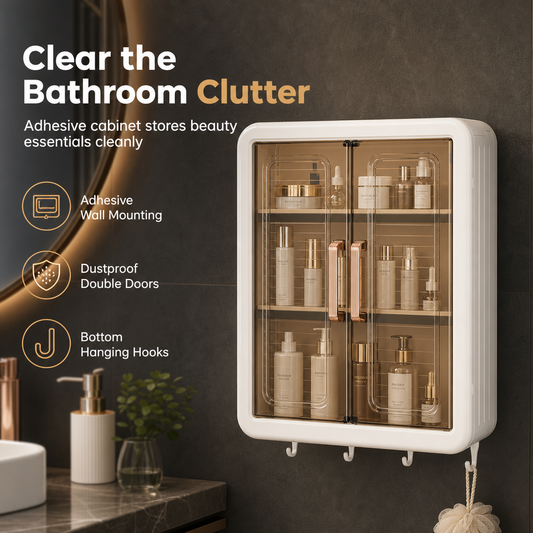 📢📢50% OFF !! ⏰Wall Mounted Dustproof Cosmetics Storage Box Punch Free Bathroom Skincare Organizer Cabinet with Hooks