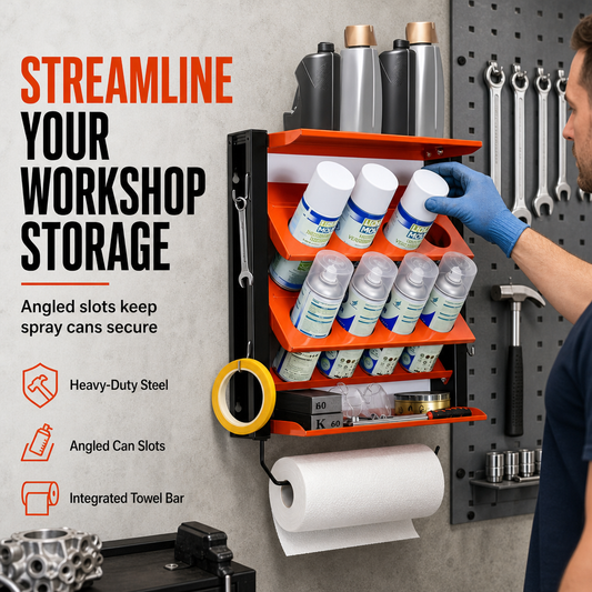 📢📢50% OFF !! ⏰Workshop Spray Can Rack: Wall-Mounted, Angled Slots, Carbon Steel, Orange🛠️