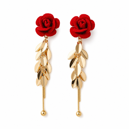🌸 50% OFF NOW! 🌸Red Flocked Rose and Leaf Long Tassel Dangle Earrings for Women 1 Pair