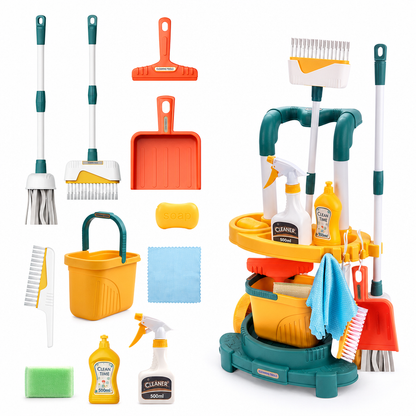 📢📢 50% OFF🧹Kids Cleaning Toy Set with Trolley – Pretend Play Mop, Broom & Bucket Housekeeping Set